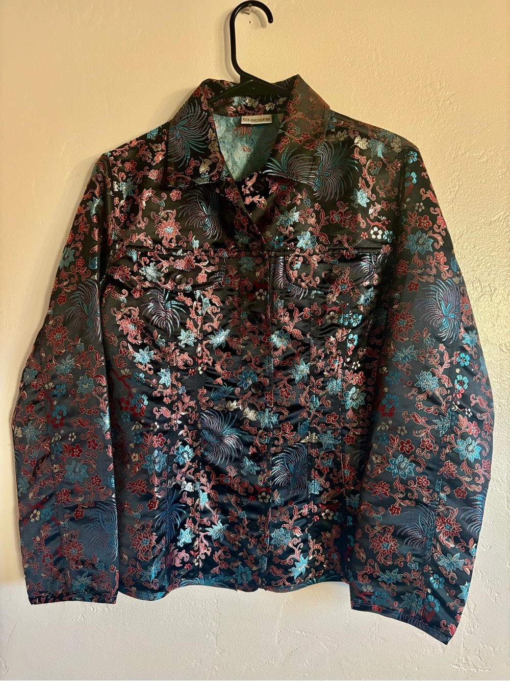 Chico’s Vintage Inspired Floral Satin Jacquard Blazer Jacket Chinoiserie Brocade